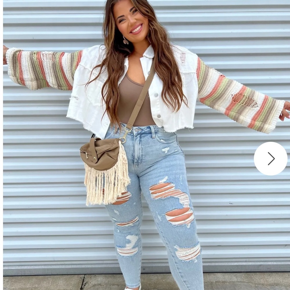 Boho distressed sleeve jean jacket